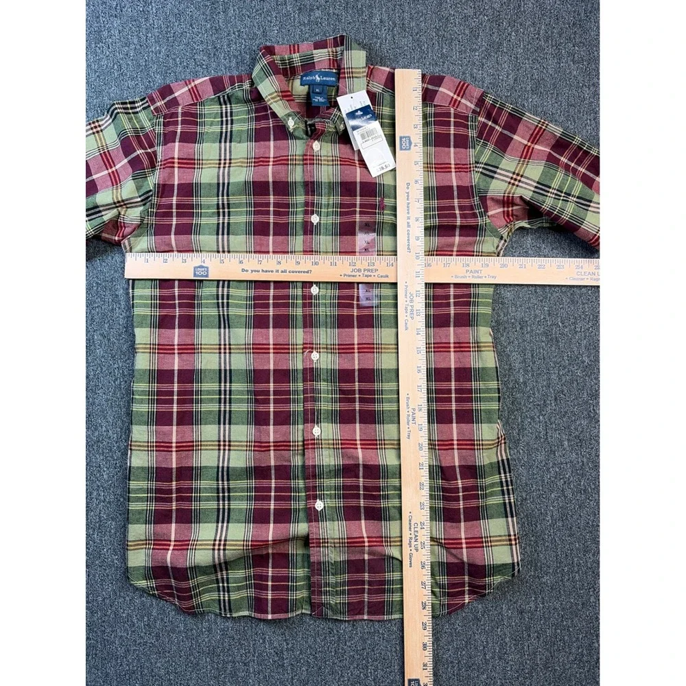 Ralph Lauren Boys XL Short Sleeve Plaid‎ Button Down Shirt Burgundy Green Cotton